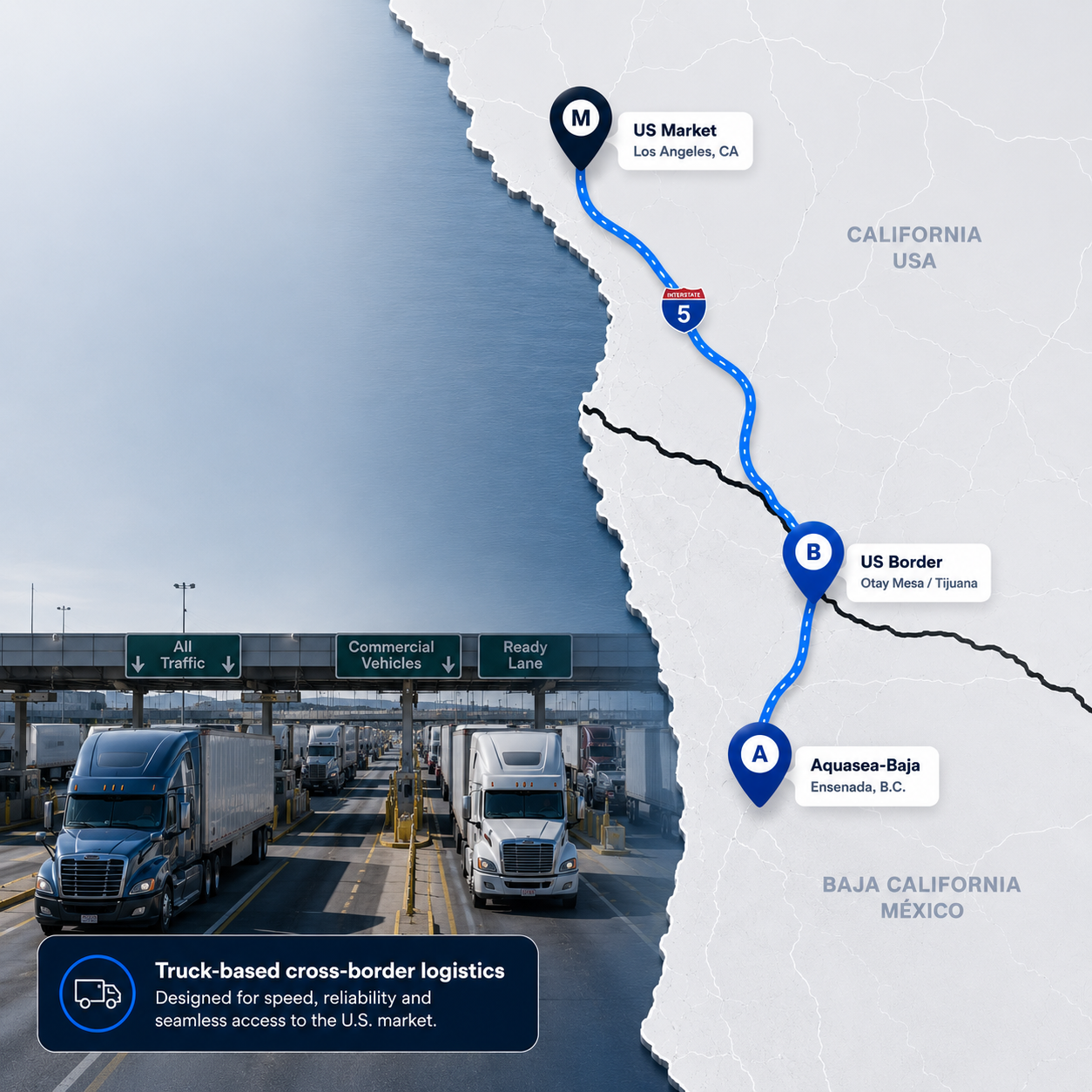 Map showing the trucking route from Aquasea-Baja in Ensenada, along the coastal Highway 1D, to the Otay Mesa border crossing, and north to the Los Angeles market